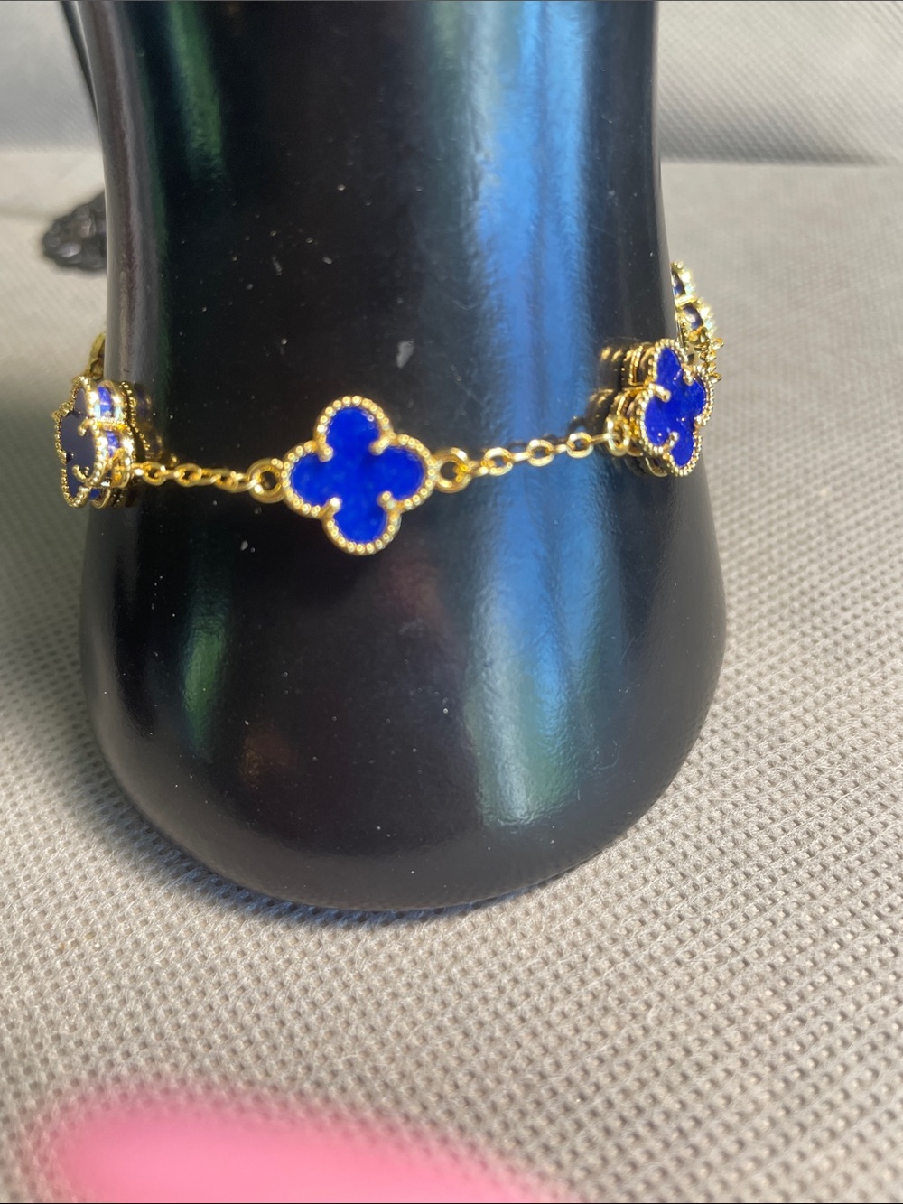 Gold Chain Bracelet with Blue Clover Motifs detailed backs adjustable size